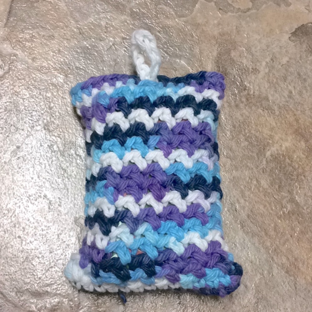 Exfoliating soap saver bag crocheted purple blue & white